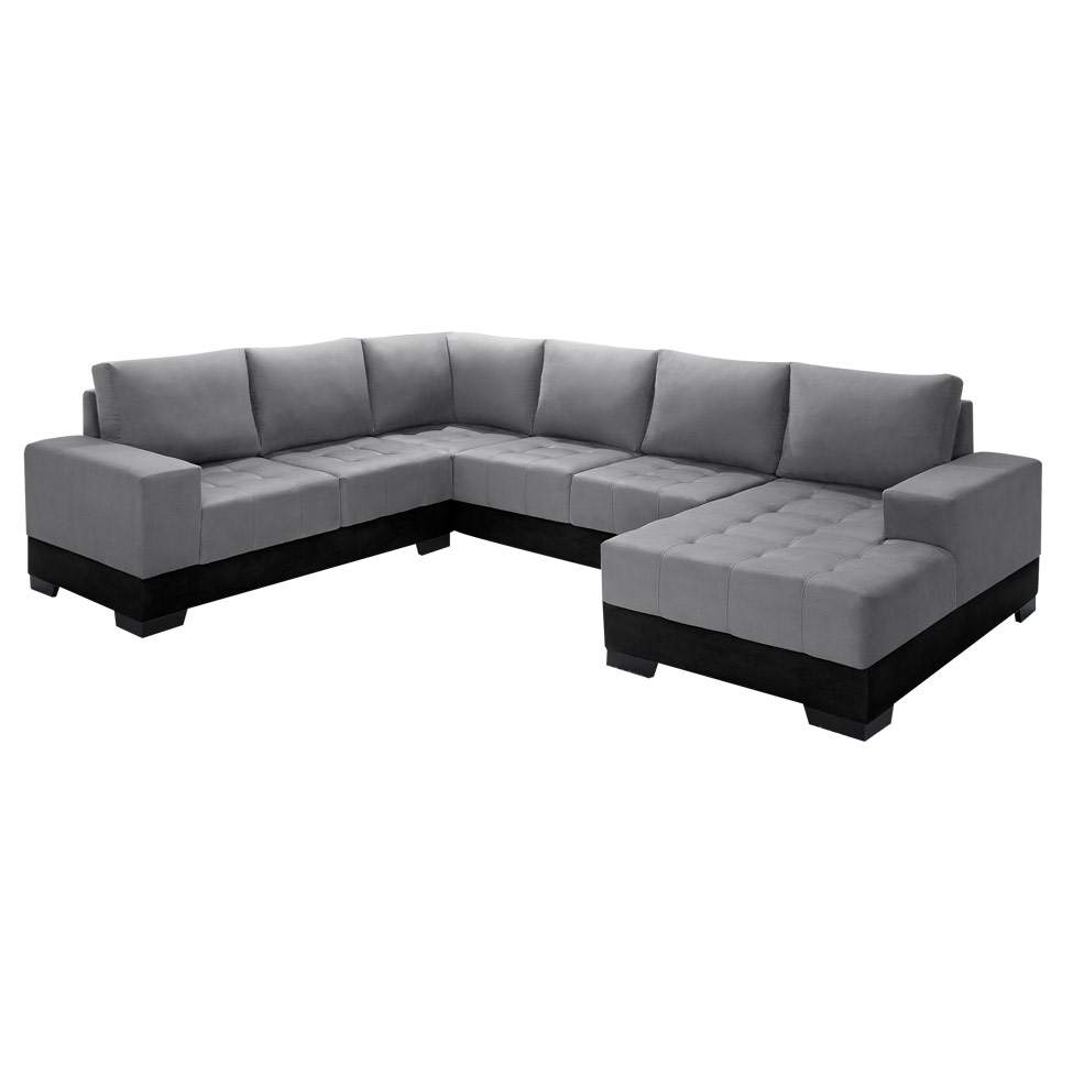 Sofá de Canto 5 Lugares com Chaise Direito Patrícia Suede Cinza e Preto
