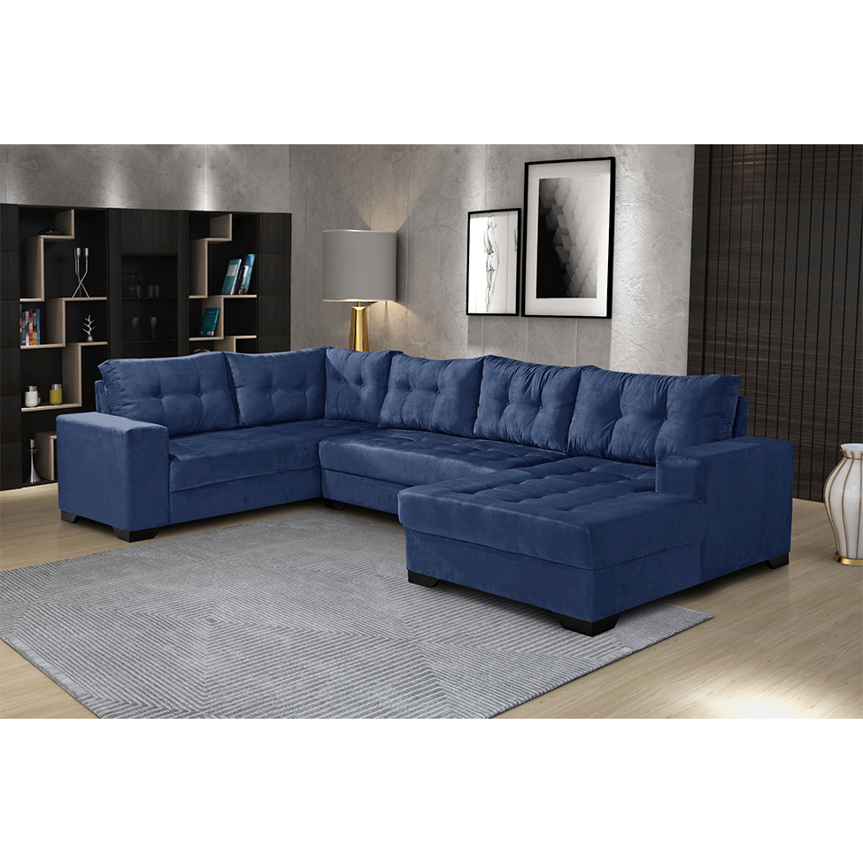 Sofá de Canto 6 Lugares Bia com Chaise Direito Suede Azul Marinho