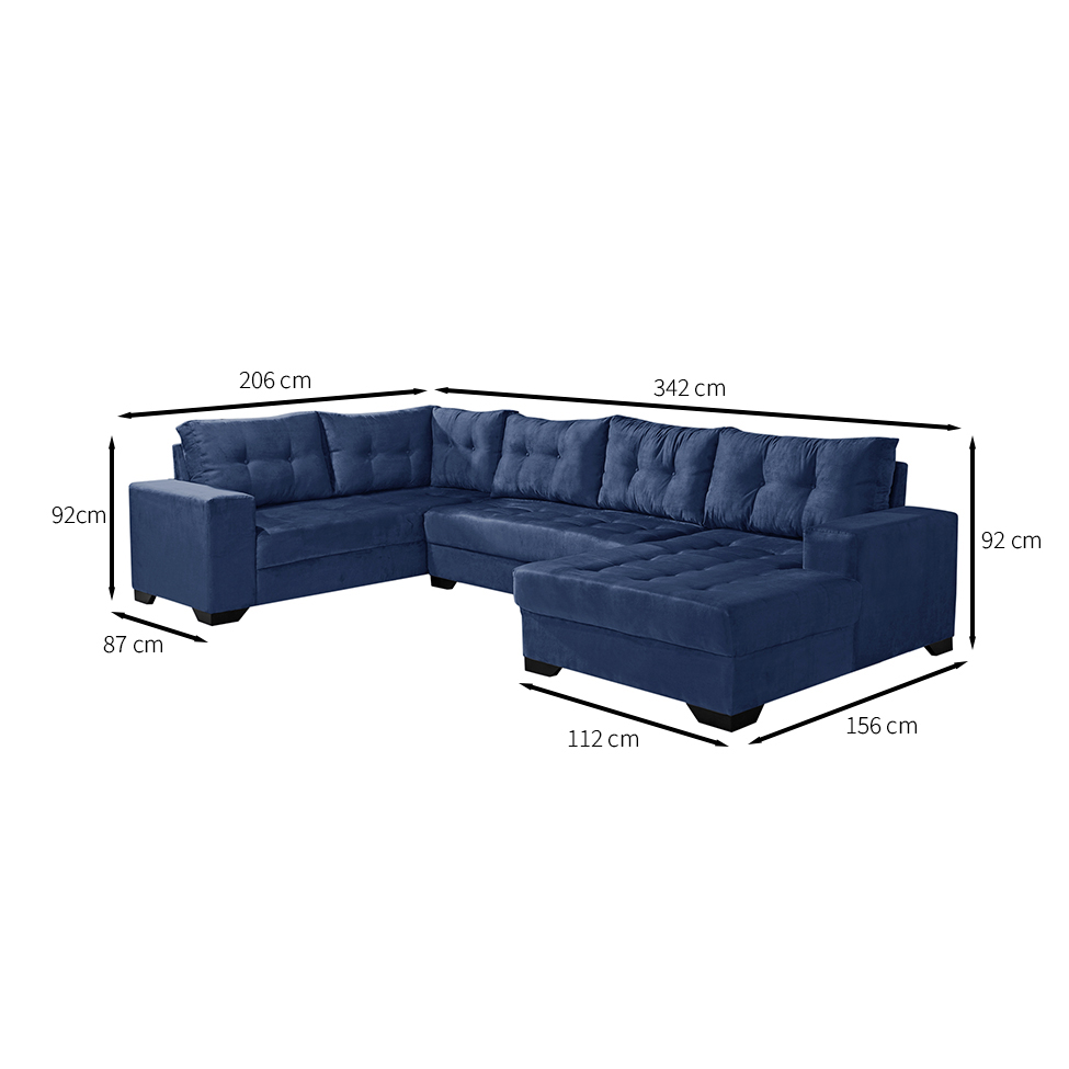 Sofá de Canto 6 Lugares Bia com Chaise Direito Suede Azul Marinho
