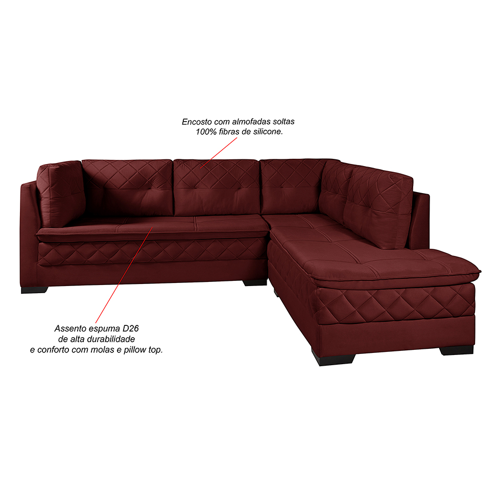 Sofá de Canto 6 Lugares Canadá Suede Aveludado Cereja