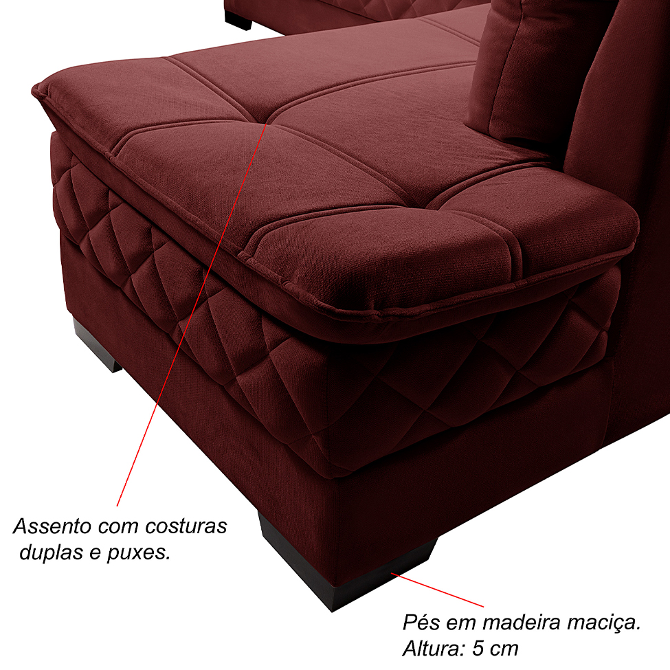 Sofá de Canto 6 Lugares Canadá Suede Aveludado Cereja