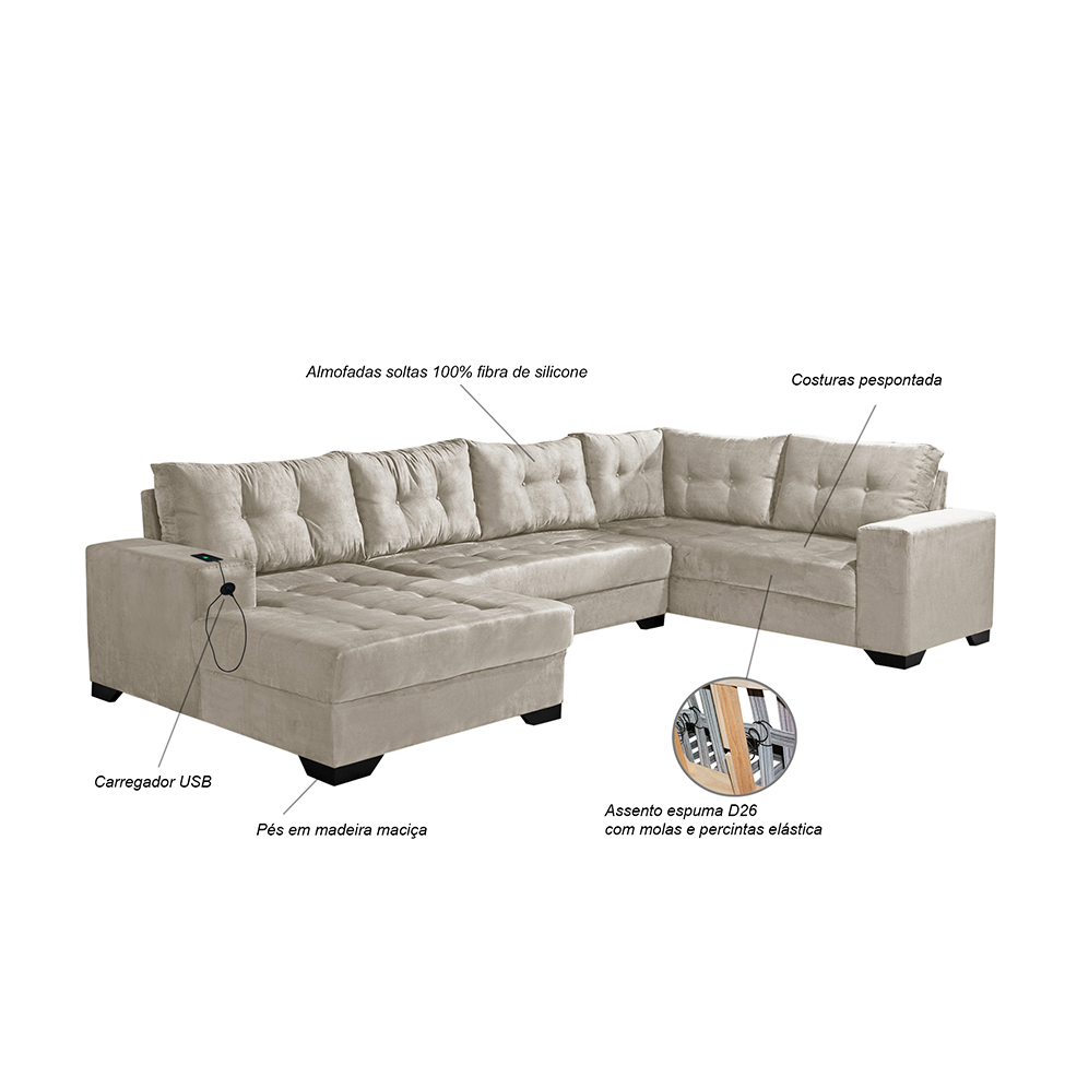 Sofá de Canto 6 Lugares Dijon com Chaise Esquerdo e Entrada USB Suede Areia