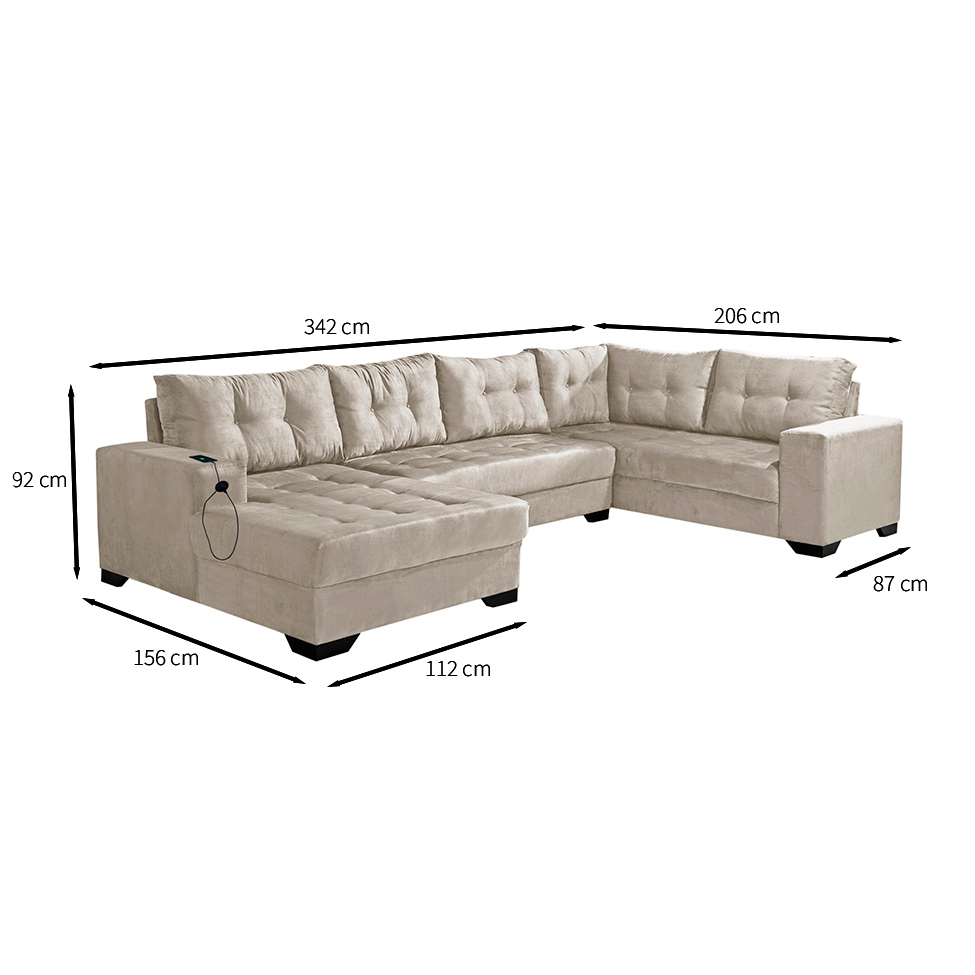 Sofá de Canto 6 Lugares Dijon com Chaise Esquerdo e Entrada USB Suede Areia