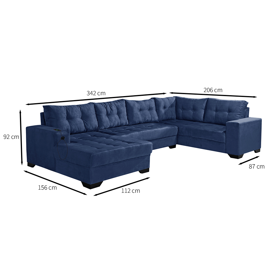 Sofá de Canto 6 Lugares Dijon com Chaise Esquerdo e Entrada USB Suede Azul Marinho
