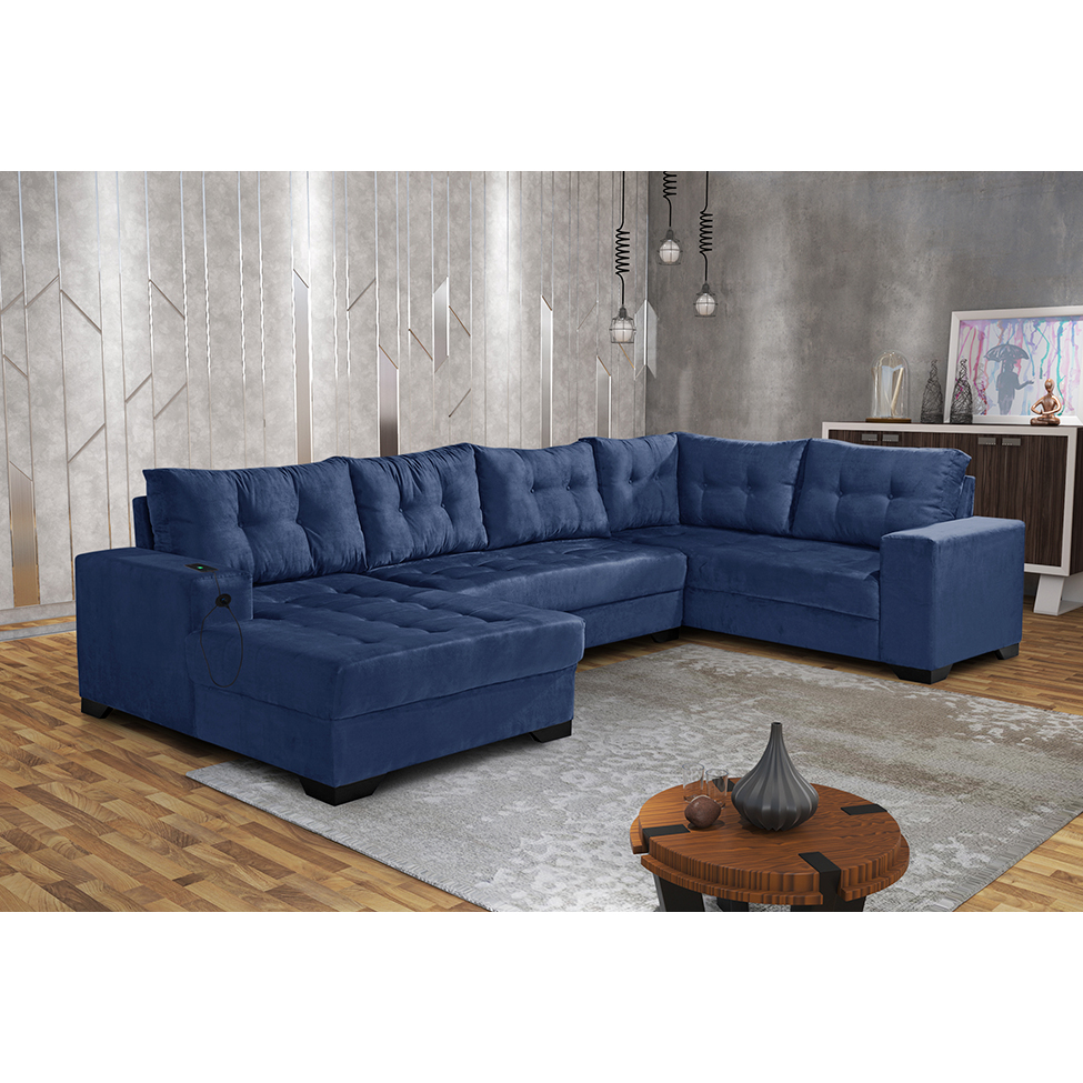 Sofá de Canto 6 Lugares Dijon com Chaise Esquerdo e Entrada USB Suede Azul Marinho
