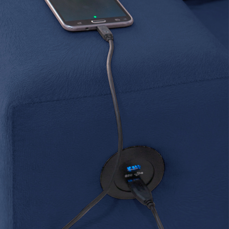 Sofá de Canto 6 Lugares Dijon com Chaise Esquerdo e Entrada USB Suede Azul Marinho