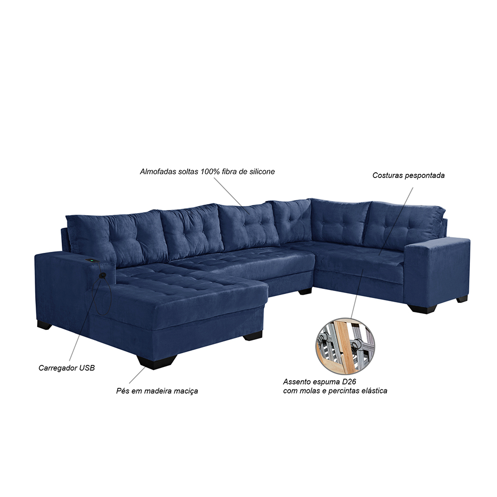 Sofá de Canto 6 Lugares Dijon com Chaise Esquerdo e Entrada USB Suede Azul Marinho