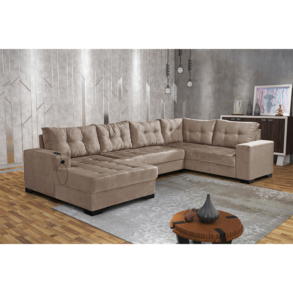 Sofá de Canto 6 Lugares Dijon com Chaise Esquerdo e Entrada USB Suede Chocolate
