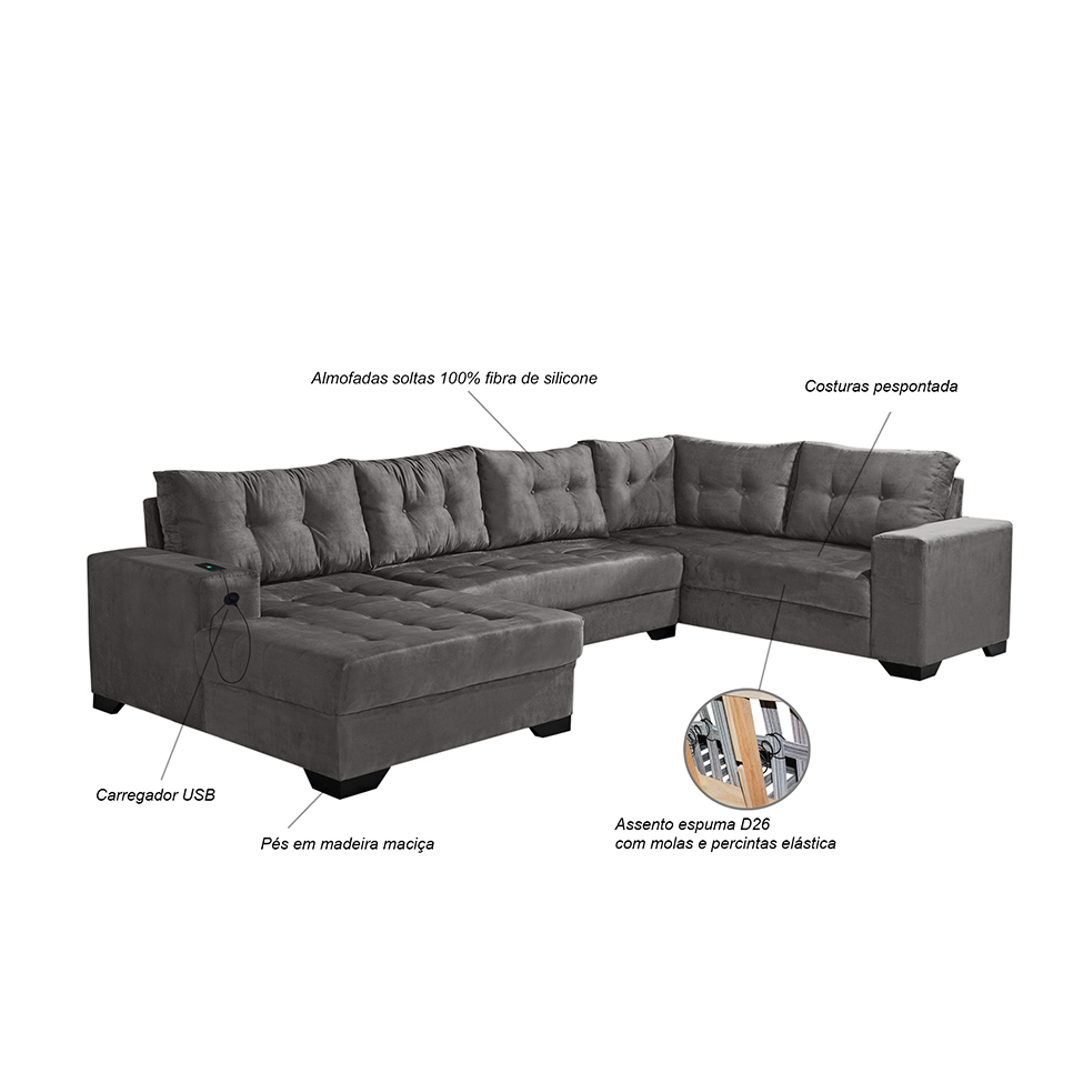 Sofá de Canto 6 Lugares Dijon com Chaise Esquerdo e Entrada USB Suede Cinza
