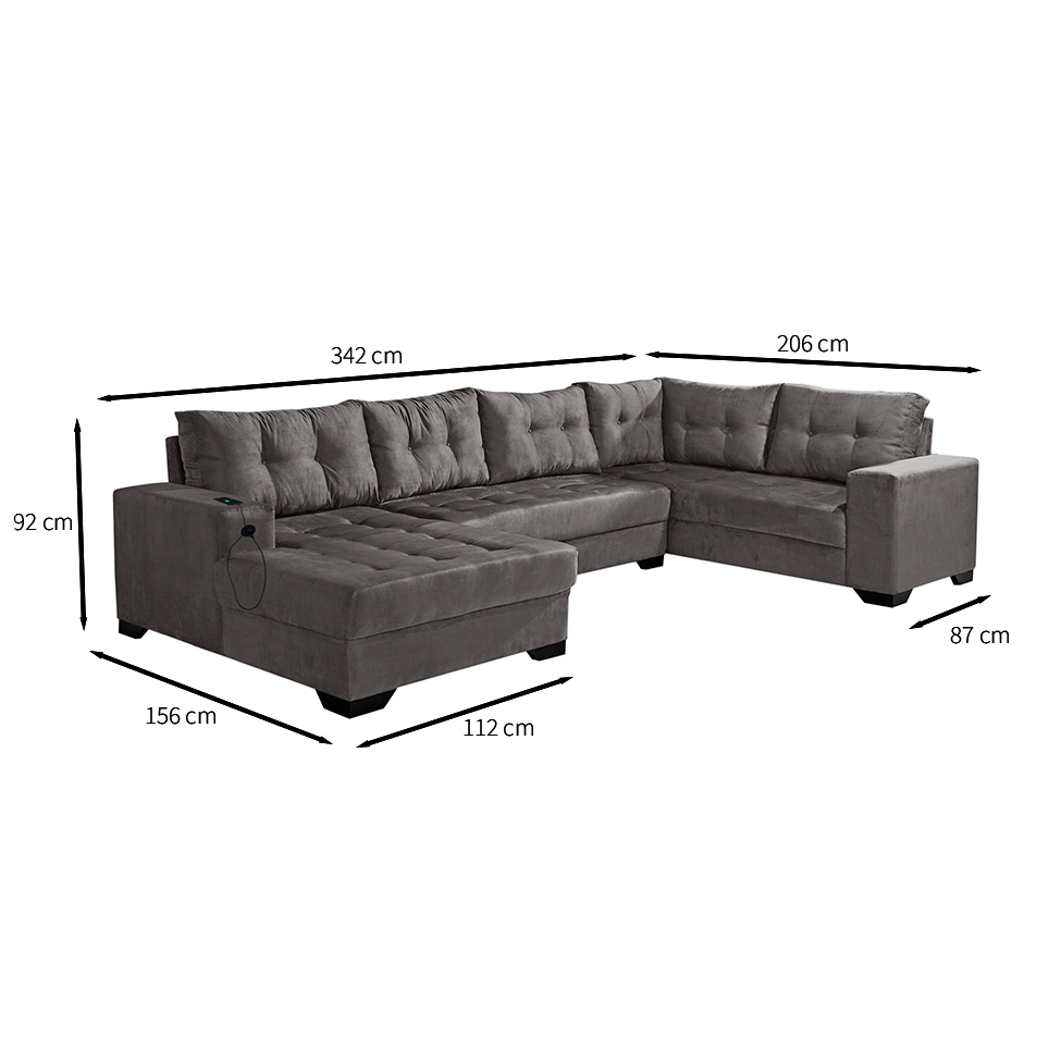 Sofá de Canto 6 Lugares Dijon com Chaise Esquerdo e Entrada USB Suede Cinza