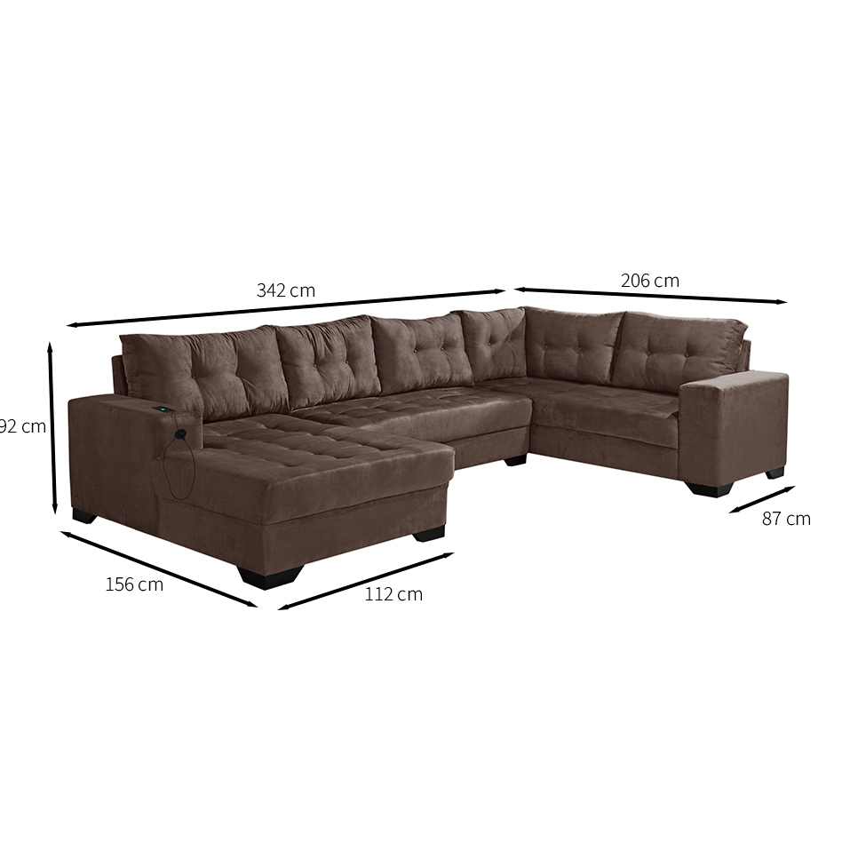 Sofá de Canto 6 Lugares Dijon com Chaise Esquerdo e Entrada USB Suede Marrom