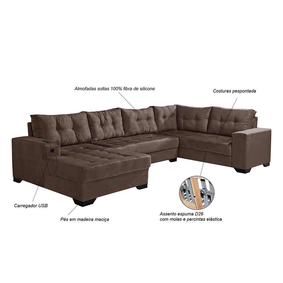 Sofá de Canto 6 Lugares Dijon com Chaise Esquerdo e Entrada USB Suede Marrom