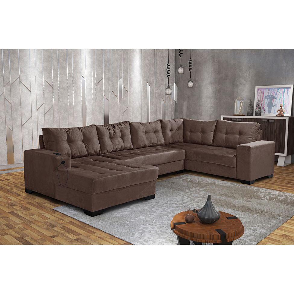 Sofá de Canto 6 Lugares Dijon com Chaise Esquerdo e Entrada USB Suede Marrom