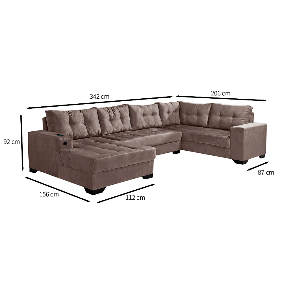 Sofá de Canto 6 Lugares Dijon com Chaise Esquerdo e Entrada USB Suede Nude