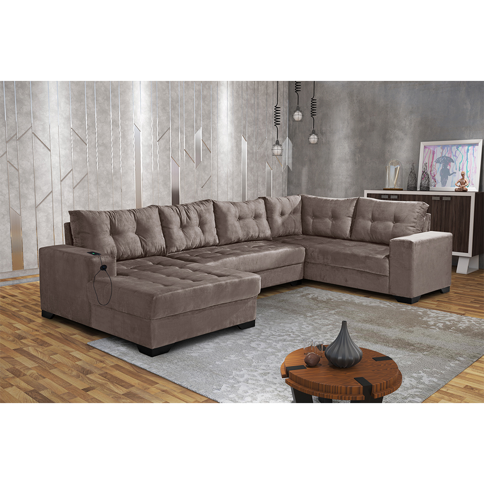 Sofá de Canto 6 Lugares Dijon com Chaise Esquerdo e Entrada USB Suede Nude