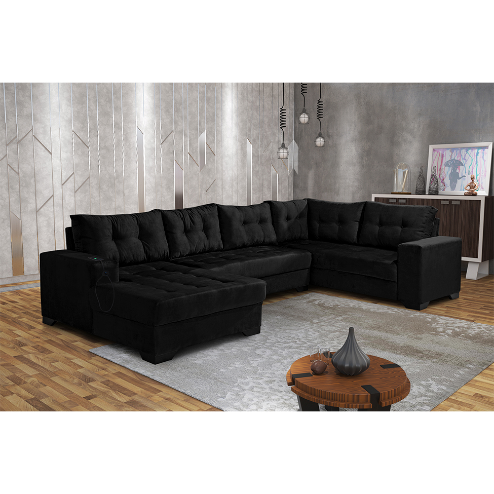 Sofá de Canto 6 Lugares Dijon com Chaise Esquerdo e Entrada USB Suede Preto