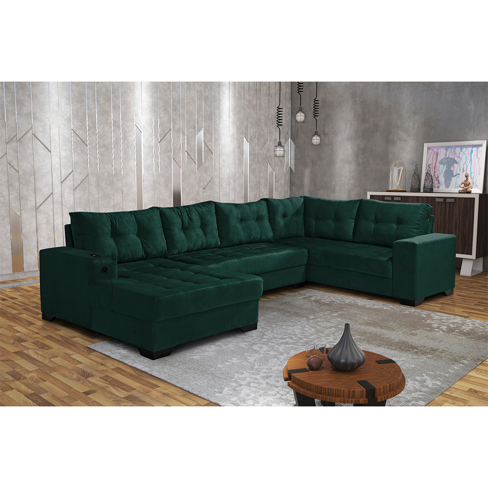 Sofá de Canto 6 Lugares Dijon com Chaise Esquerdo e Entrada USB Suede Verde