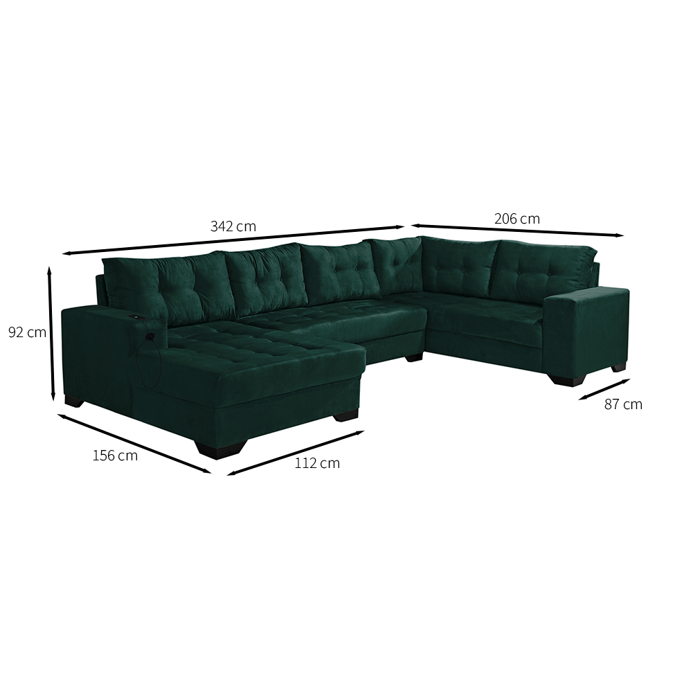 Sofá de Canto 6 Lugares Dijon com Chaise Esquerdo e Entrada USB Suede Verde