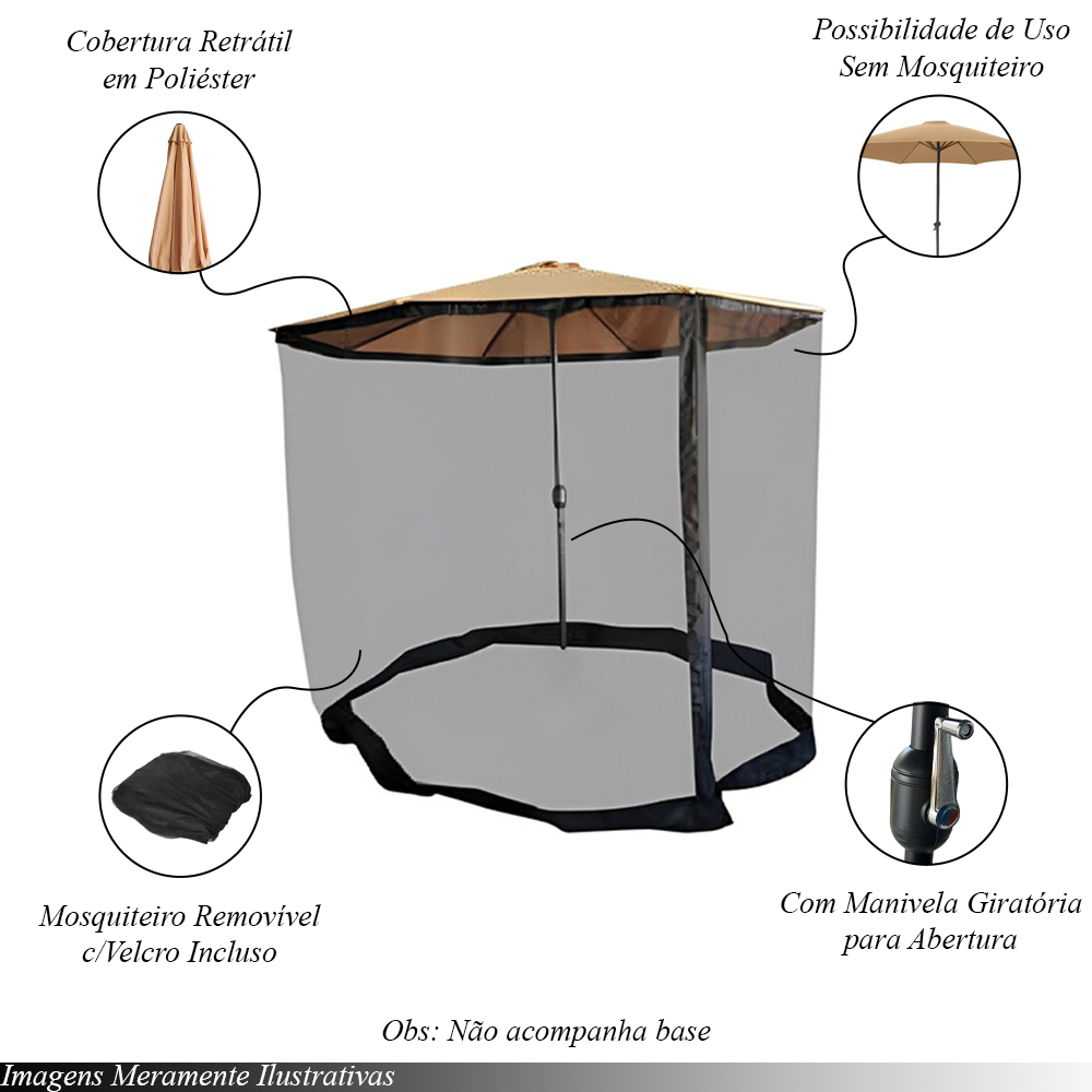 Ombrelone Externo Cobertura 330cm c/Mosquiteiro Estrutura em Aço c/Manivela Bege G31 - Importway
