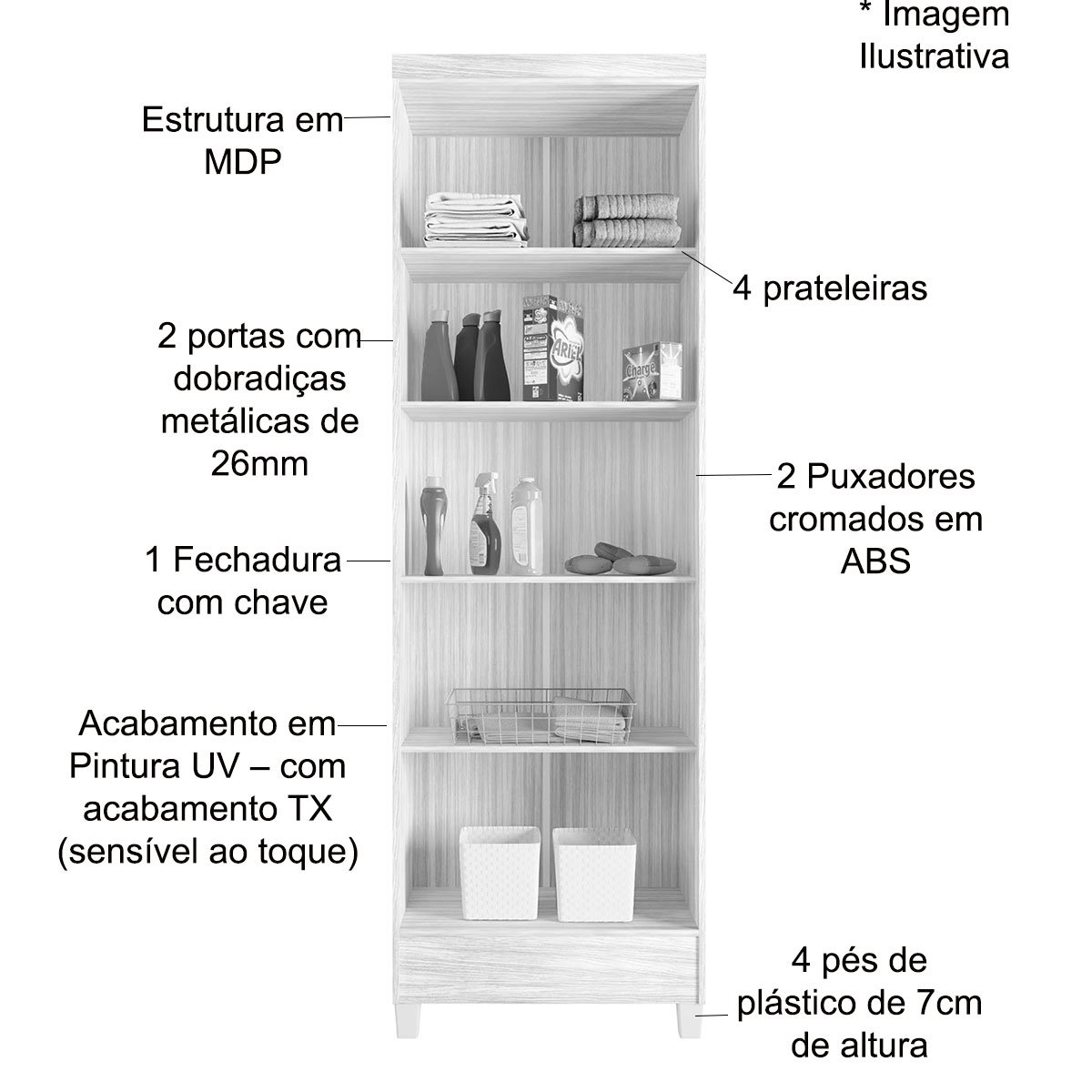 Armário Multiuso 2 Portas 4 Prateleiras com Chave Egito Carvalho Americano/Off White