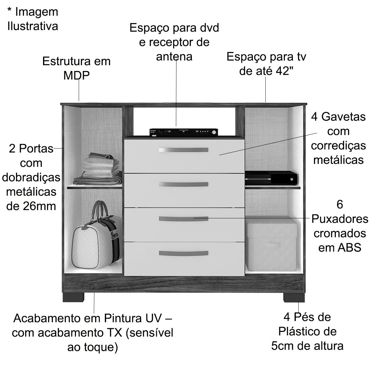 Cômoda Sapateira Rack para Quarto 2 Portas 4 Gavetas Madri Carvalho Americano/Grafite