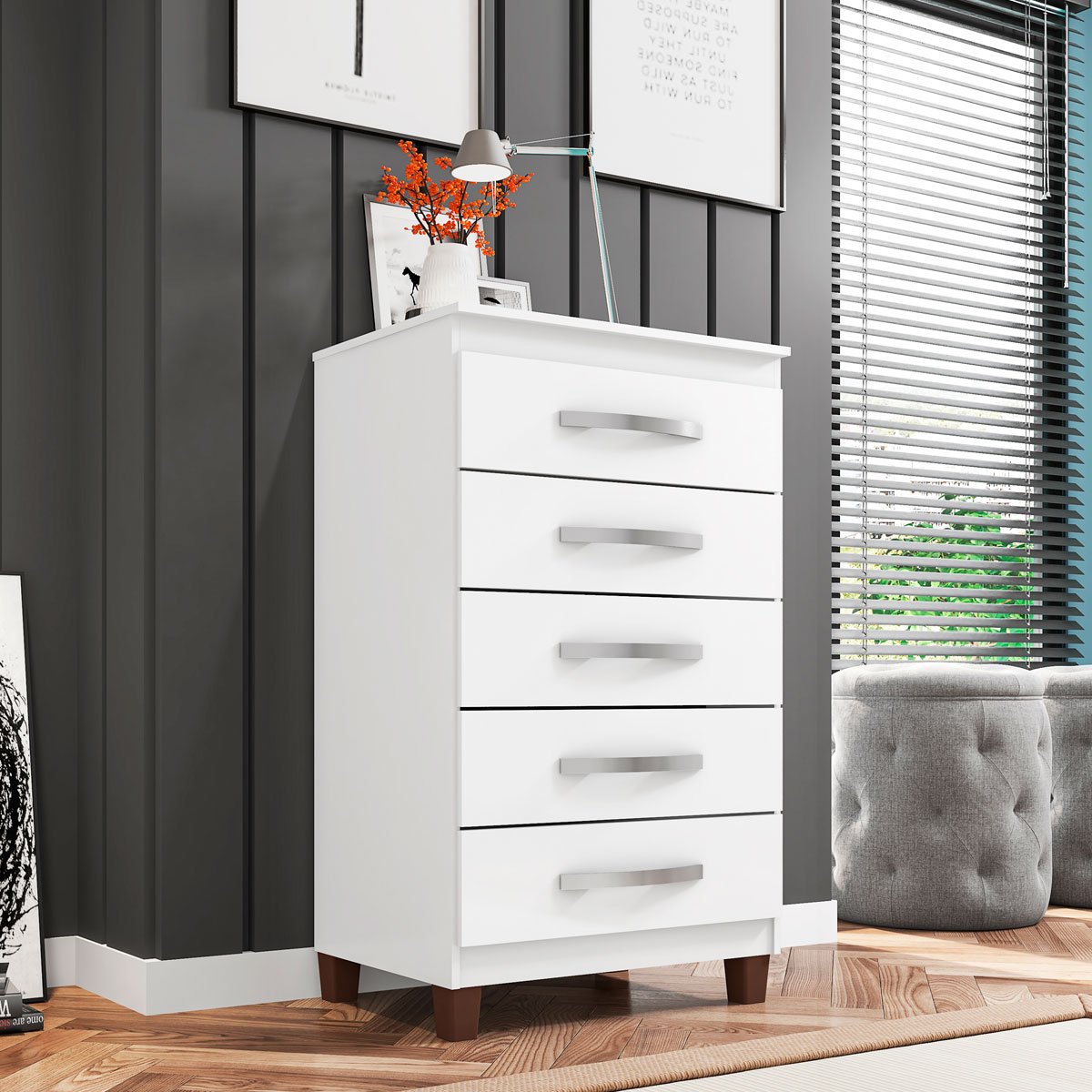 Cômoda para Quarto 5 Gavetas com Pés Cannes  Branco