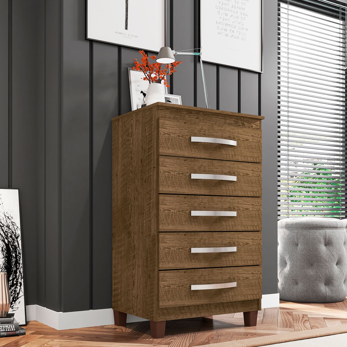 Cômoda para Quarto 5 Gavetas com Pés Cannes  Malbec