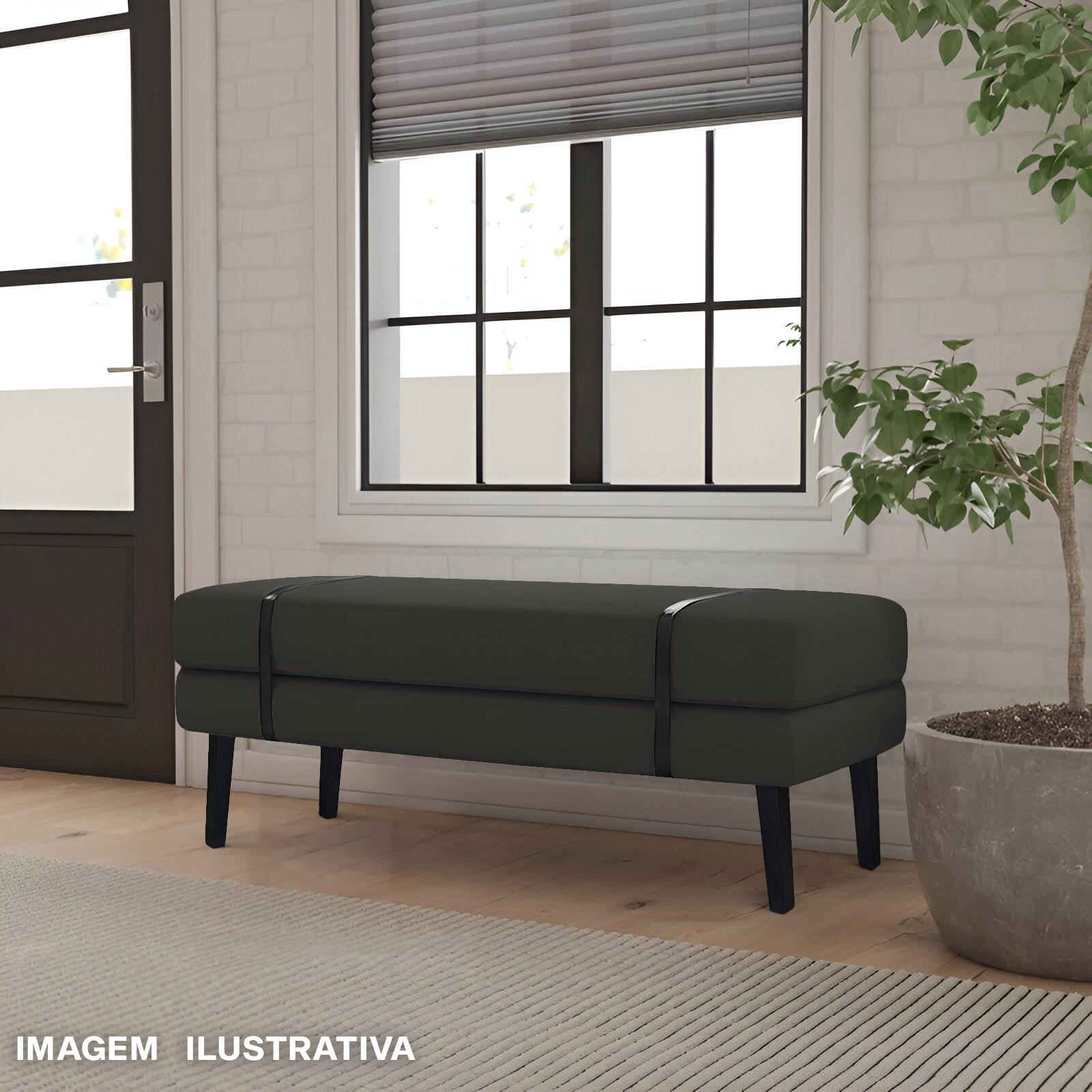 Banco Estofado Viena 1,20m Linho Preto - Inova Decorações
