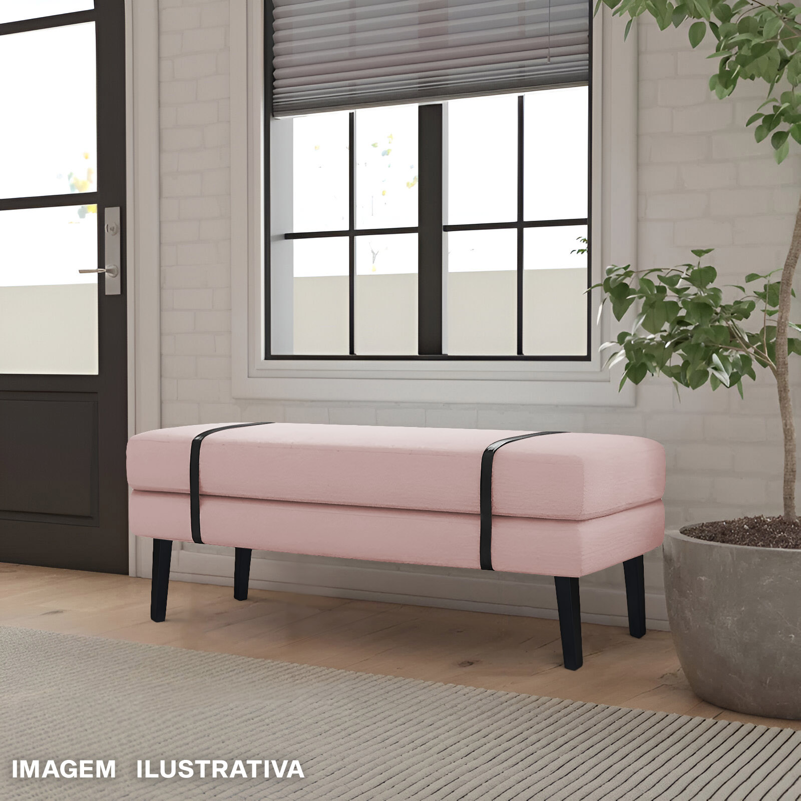 Banco Estofado Viena 1,20m Suede Rosa Bebe - Inova Decorações