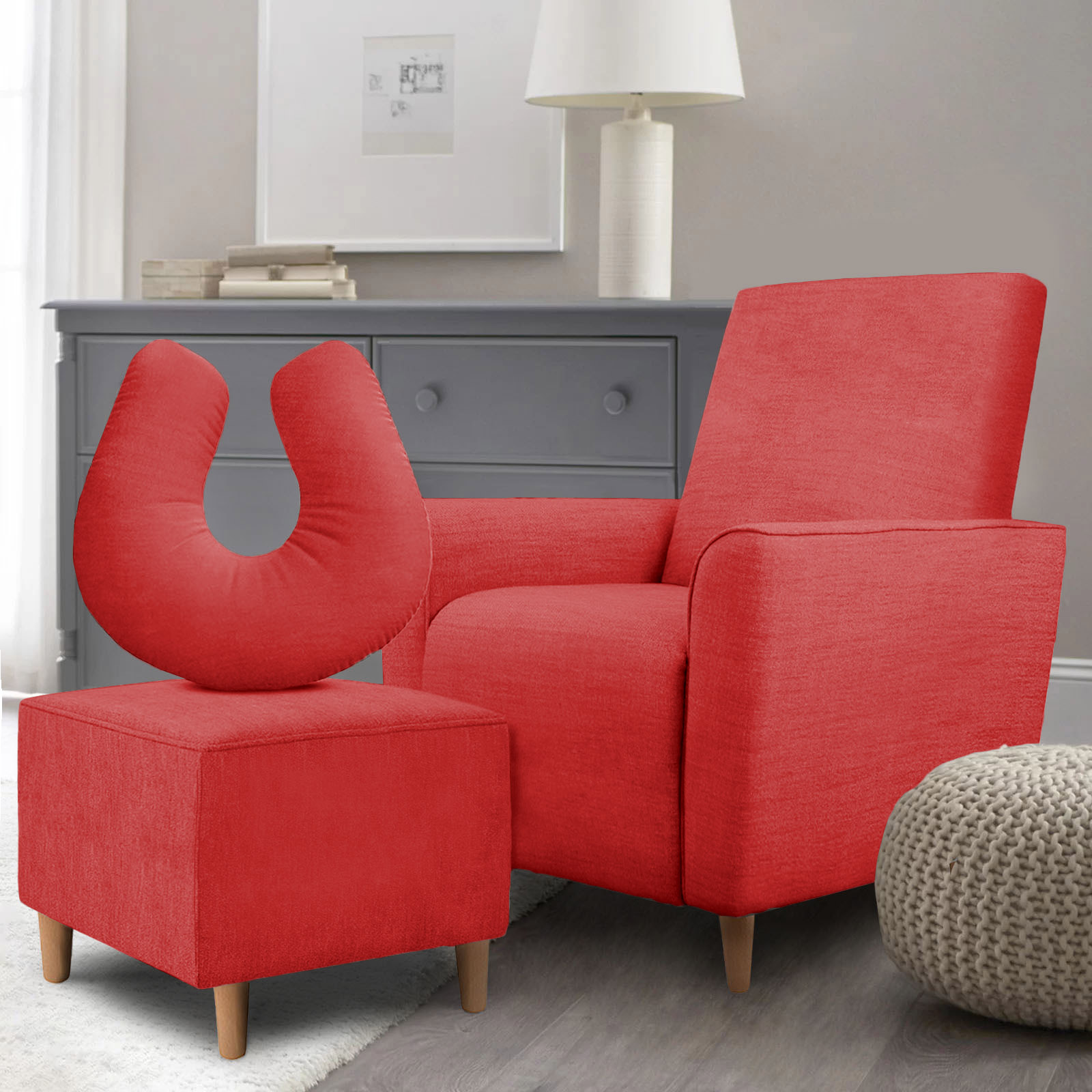 Kit Amamentação Poltrona + Puff + Almofada Julia Suede Vermelho