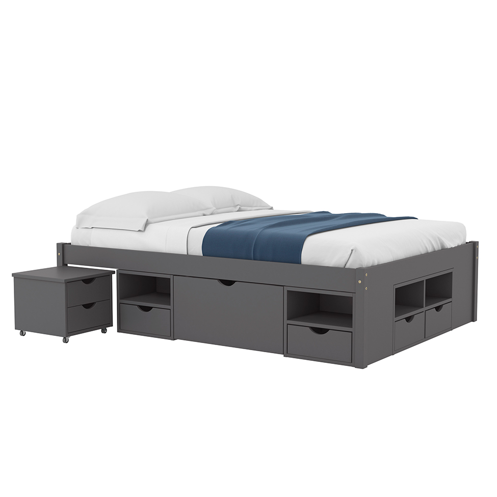Cama Casal Multifuncional Charme com Mesa de Cabeceira Madeira Maciça Cinza