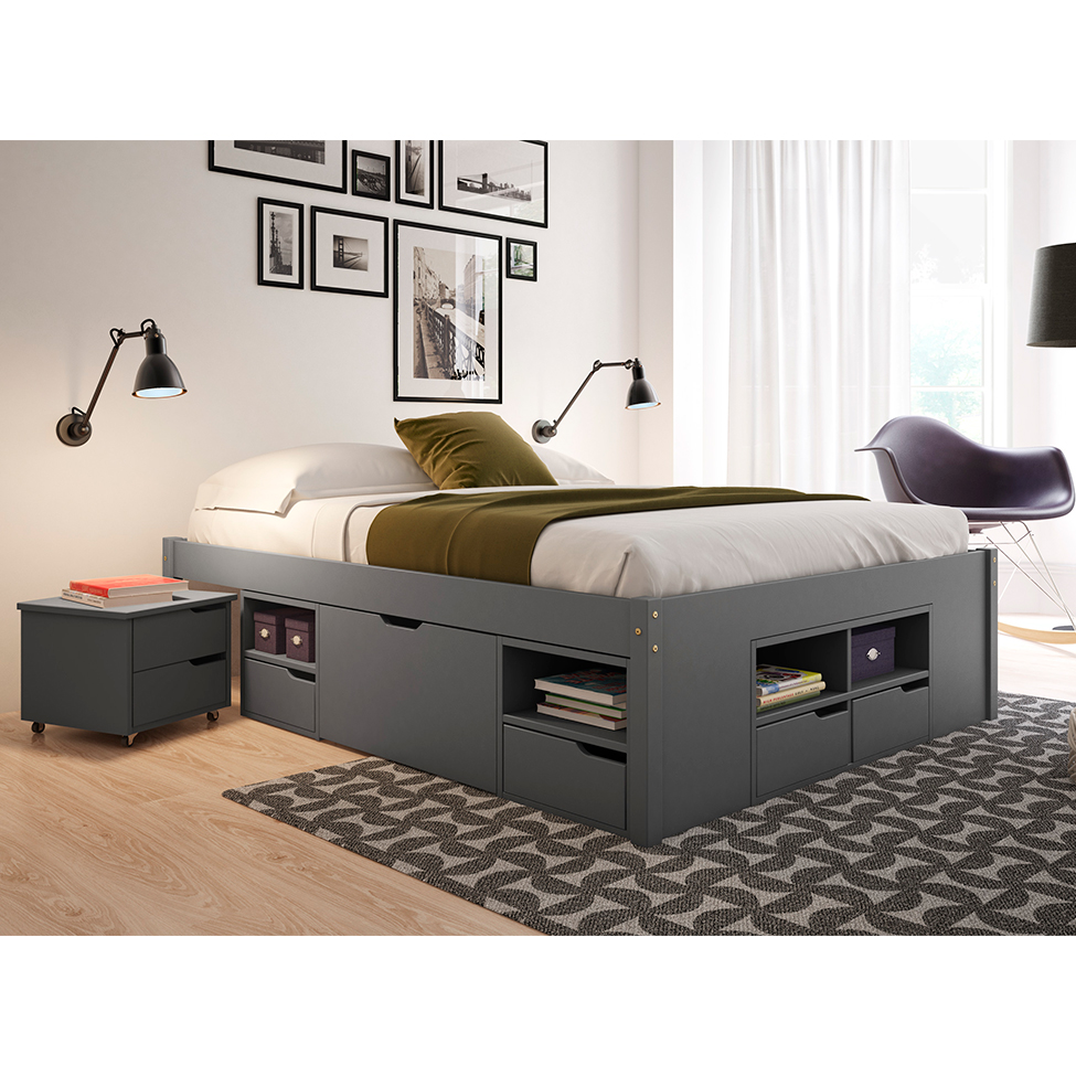 Cama Casal Multifuncional Charme com Mesa de Cabeceira Madeira Maciça Cinza