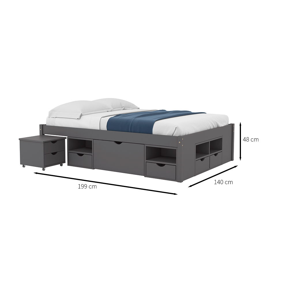 Cama Casal Multifuncional Charme com Mesa de Cabeceira Madeira Maciça Cinza