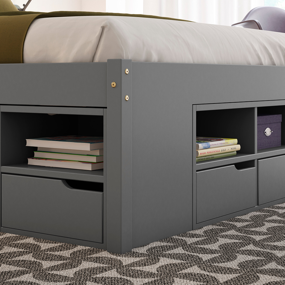 Cama Casal Multifuncional Charme com Mesa de Cabeceira Madeira Maciça Cinza