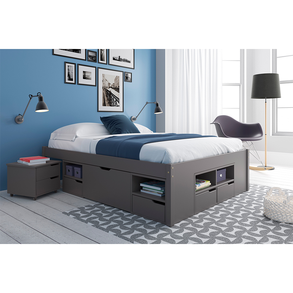 Cama Casal Multifuncional Charme com Mesa de Cabeceira Madeira Maciça Cinza