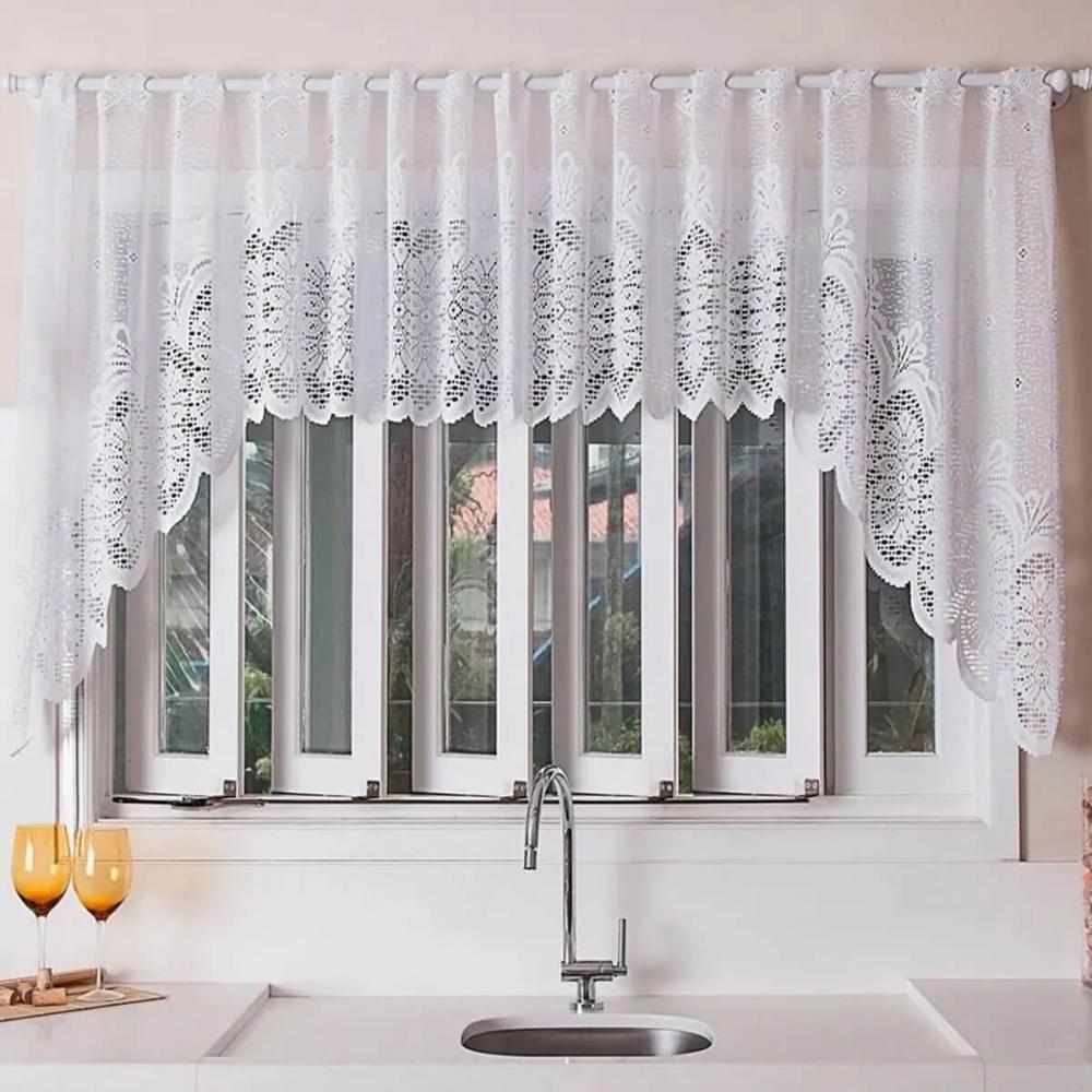 Cortina Cascata Clássica Arabescos 3x1m Bandô para Janela de Cozinha Branco Interlar