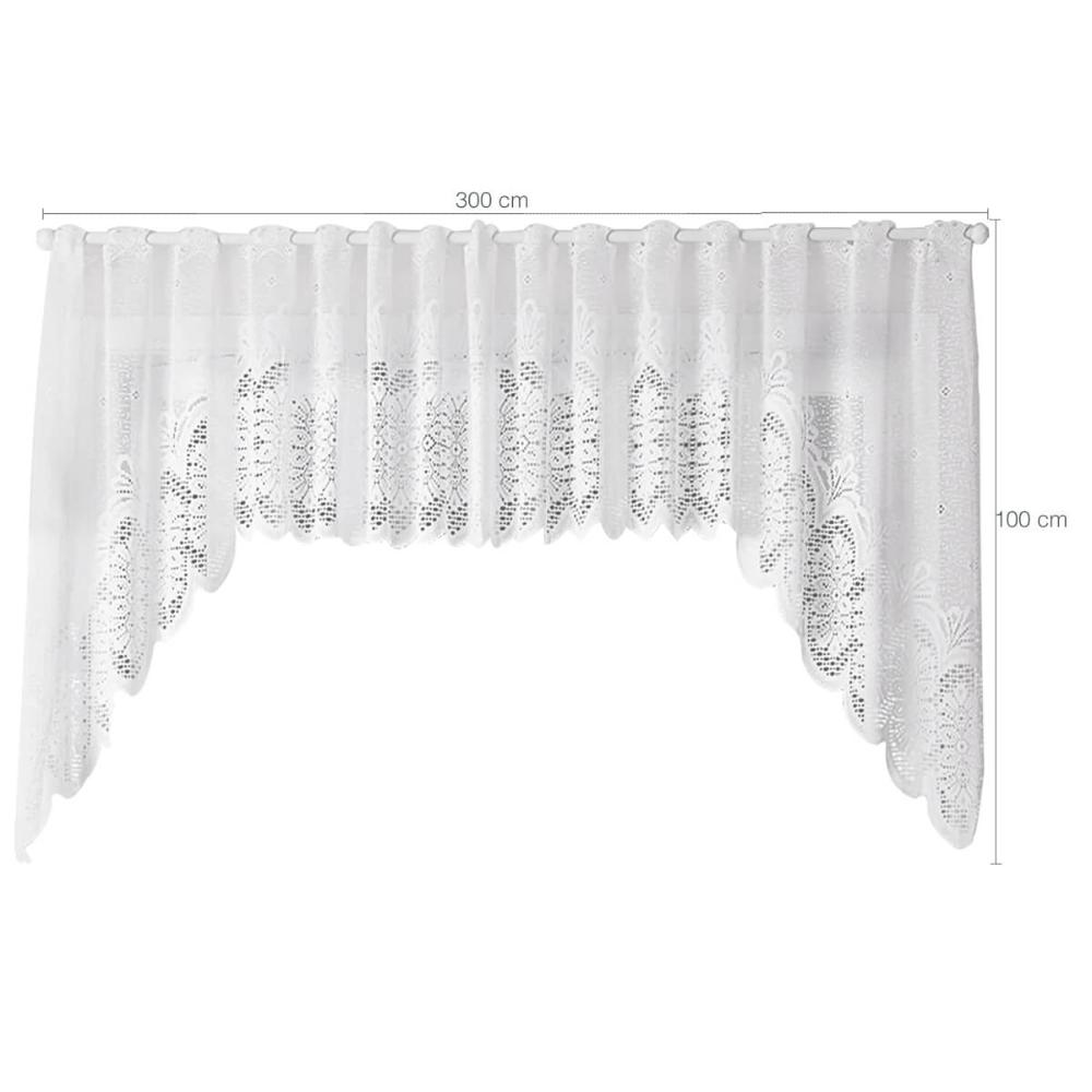 Cortina Cascata Clássica Arabescos 3x1m Bandô para Janela de Cozinha Branco Interlar