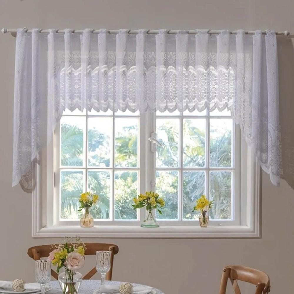 Cortina Cascata Clássica Arabescos 3x1m Bandô para Janela de Cozinha Branco Interlar