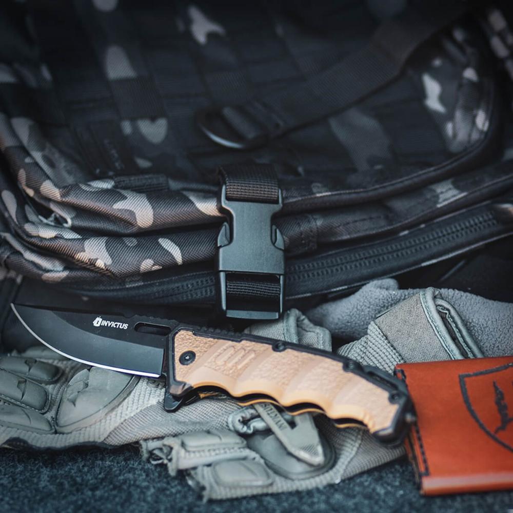 Canivete Tático Militar de Bolso Dobrável Multiuso Inox 3CR com Clip Tático Asgard Invictus Deserto
