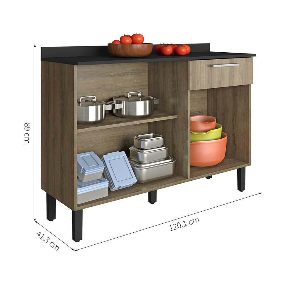 Balcão de Cozinha Star com Tampo 3 Portas 1 Gaveta Castanho