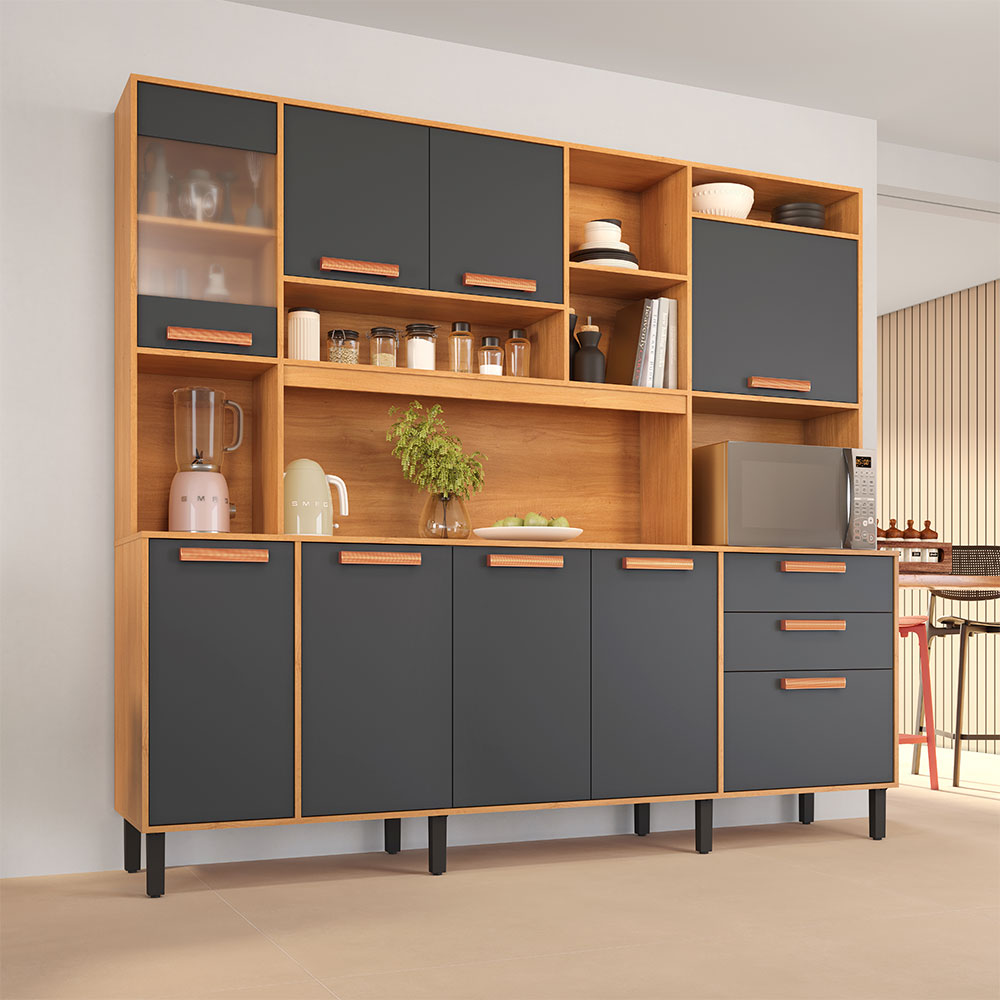 Kit de Cozinha Nápoles com Vidro 8 Portas 2 Gavetas Cinamomo e Off White