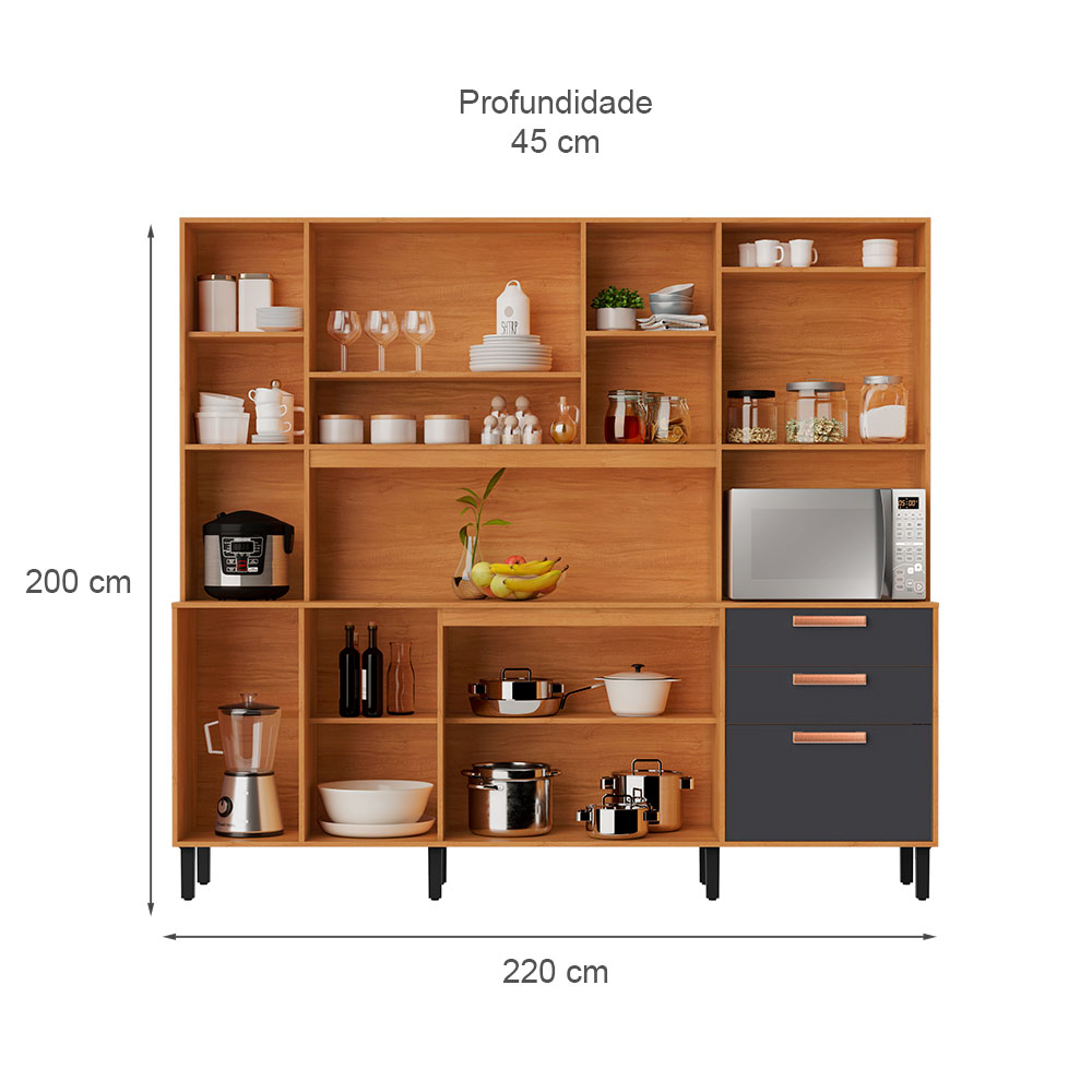 Kit de Cozinha Nápoles com Vidro 8 Portas 2 Gavetas Cinamomo e Off White