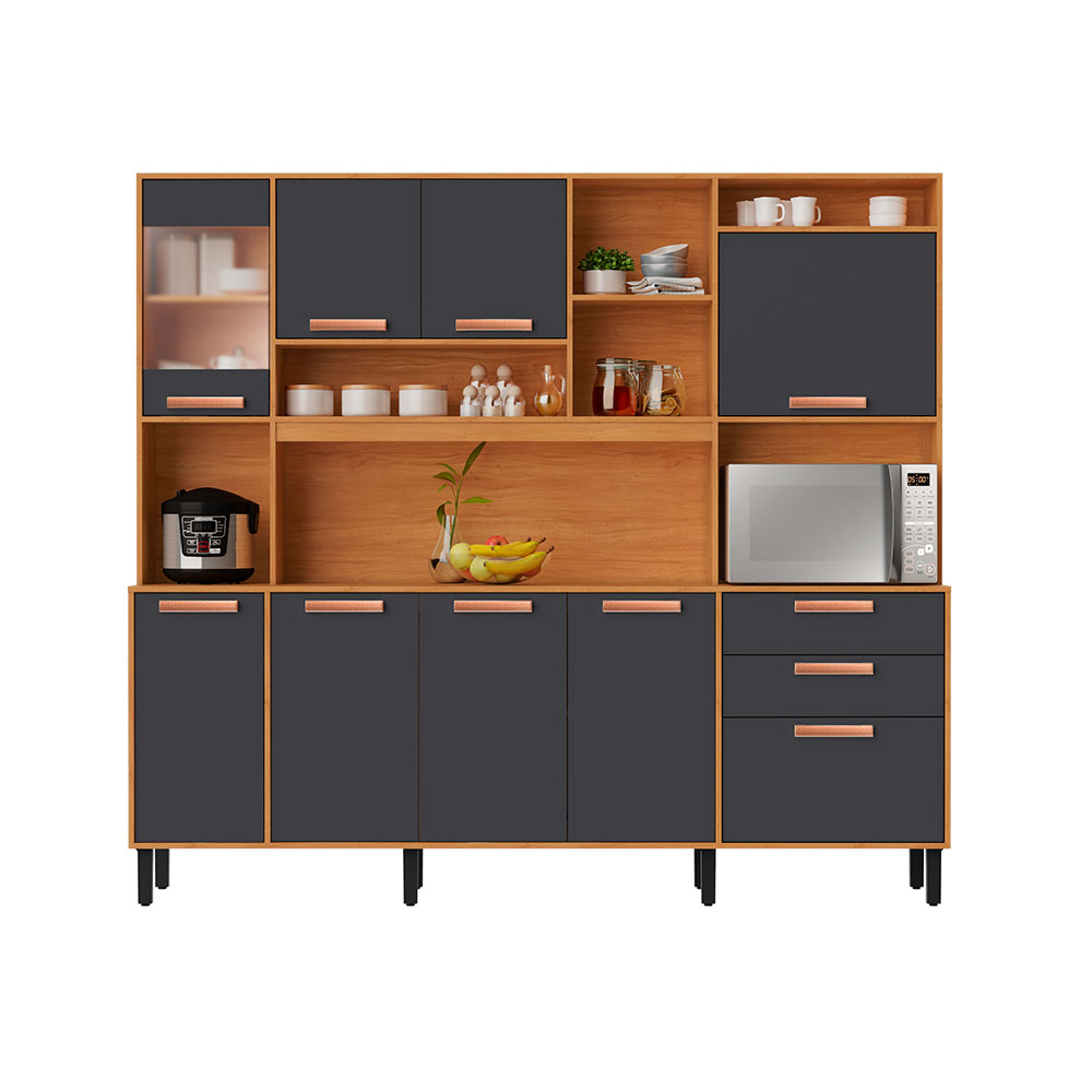 Kit de Cozinha Nápoles com Vidro 8 Portas 2 Gavetas Cinamomo e Off White