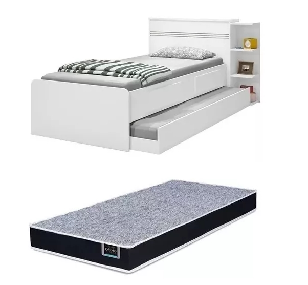 Base Cama Baú Solteiro Branca Bicama Multiuso com Base Auxiliar 2 Gavetas e 3 Prateleiras + 1 Colchão de Espuma D28