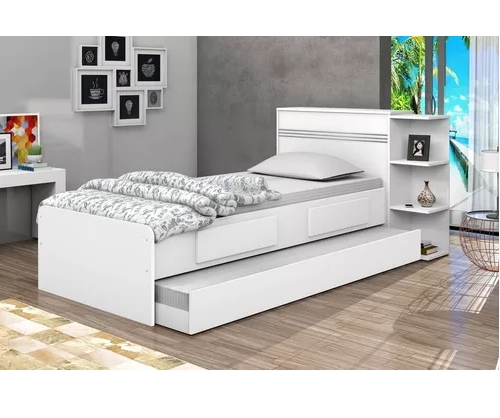 Base Cama Baú Solteiro Branca Bicama Multiuso com Base Auxiliar 2 Gavetas e 3 Prateleiras + 1 Colchão de Espuma D28