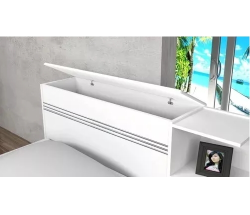 Base Cama Baú Solteiro Branca Bicama Multiuso com Base Auxiliar 2 Gavetas e 3 Prateleiras + 1 Colchão de Espuma D28