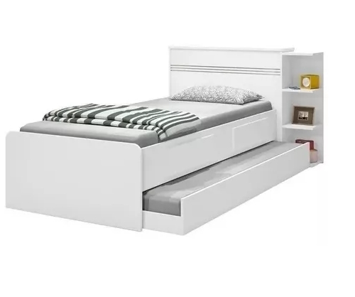 Base Cama Baú Solteiro Branca Bicama Multiuso com Base Auxiliar 2 Gavetas e 3 Prateleiras + 1 Colchão de Espuma D28