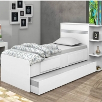 Base Cama Baú Solteiro Branca Bicama Multiuso com Base Auxiliar 2 Gavetas e 3 Prateleiras + 2 Colchão de Espuma D28