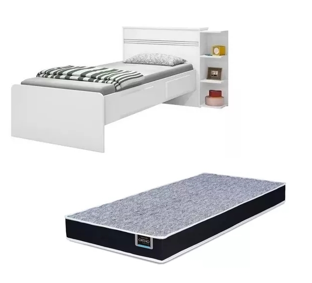 Base Cama Baú Solteiro Branca Multiuso Com 2 Gavetas e 3 Prateleiras  + 1 Colchão De Espuma D28 - 188X88