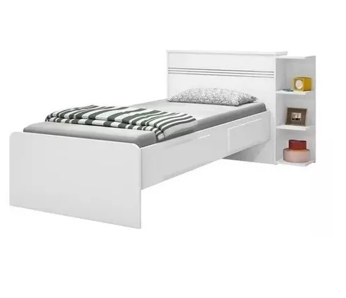 Base Cama Baú Solteiro Branca Multiuso Com 2 Gavetas e 3 Prateleiras  + 1 Colchão De Espuma D28 - 188X88